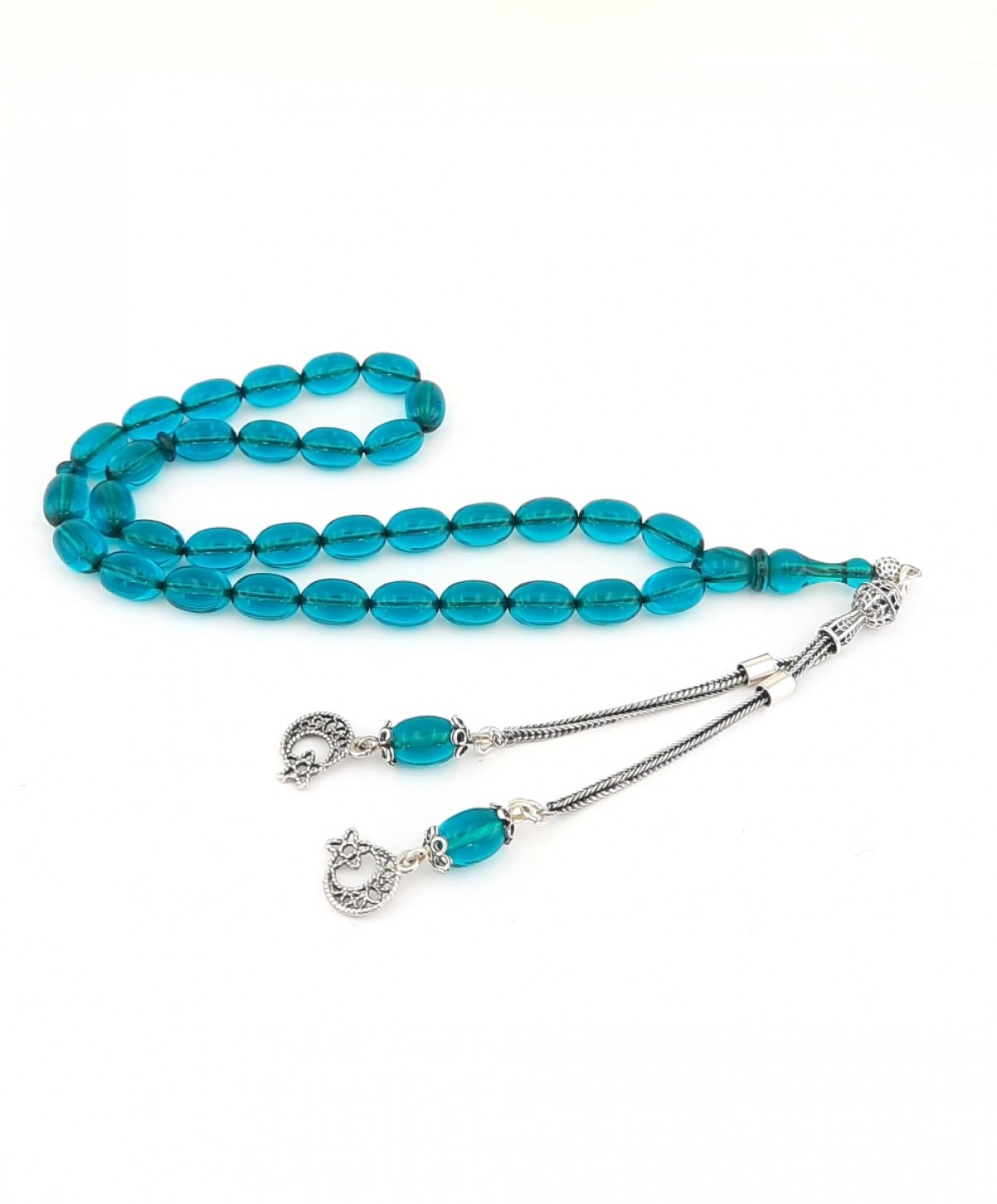 925 Ayar Gümüş Püsküllü Arpa Kesim Koyu Turkuaz Sıkma Kehribar Tespih 925 Ayar Gümüş Püsküllü Arpa Kesim Koyu Turkuaz Sıkma Kehribar Tespih