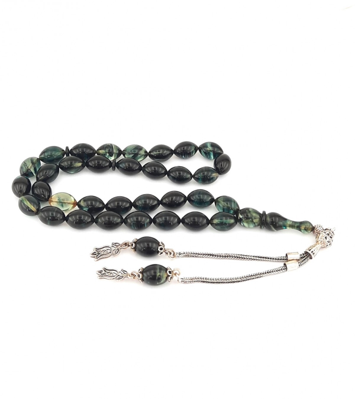 925 Ayar Gümüş Püsküllü Arpa Kesim Koyu Yeşil Hareli Sıkma Kehribar Tespih