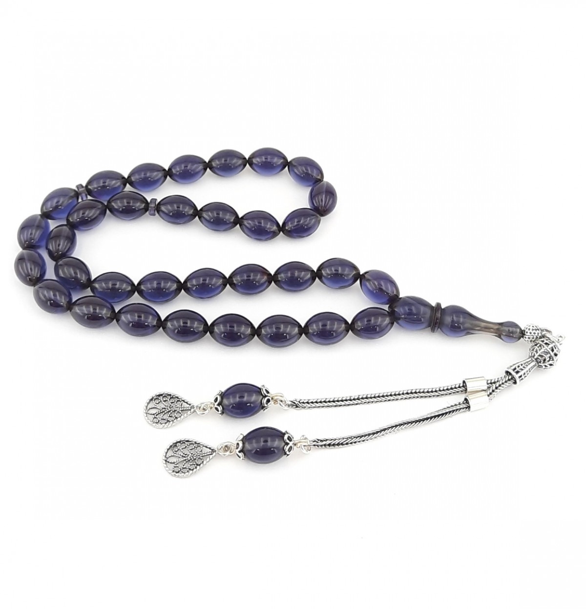 925 Ayar Gümüş Püsküllü Arpa Kesim Mor Sıkma Kehribar Tespih