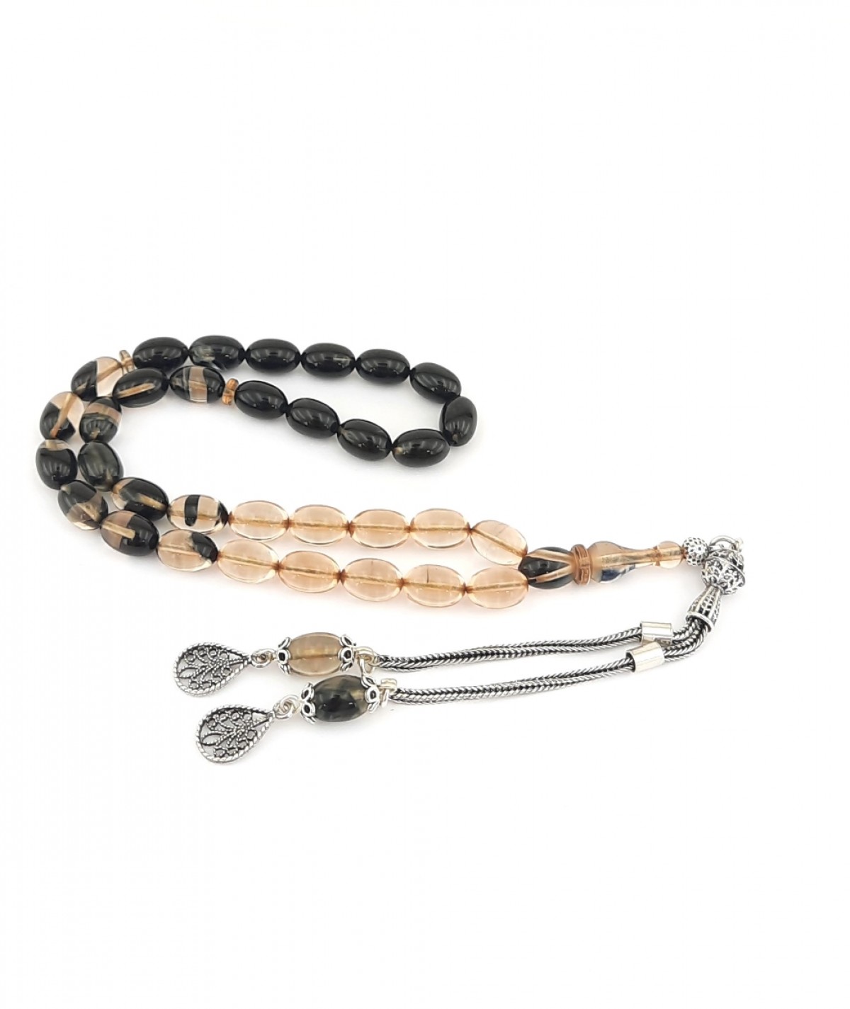 925 Ayar Gümüş Püsküllü Arpa Kesim Siyah ve Sarı Hareli Sıkma Kehribar Tespih 925 Ayar Gümüş Püsküllü Arpa Kesim Siyah ve Sarı Hareli Sıkma Kehribar Tespih