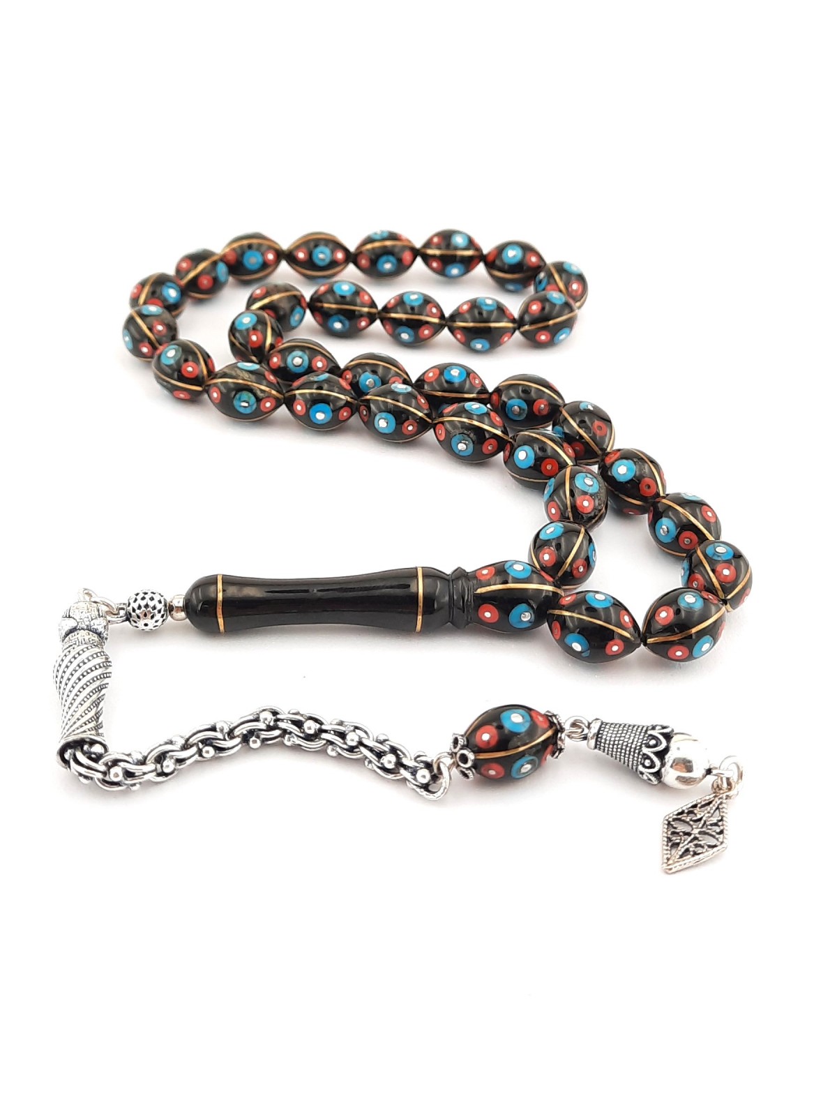 925 Ayar Gümüş Püsküllü Beyzi Kesim Firuze ve Mercan İşlemeli Oltu Tespih 925 Ayar Gümüş Püsküllü Beyzi Kesim Firuze ve Mercan İşlemeli Oltu Tespih