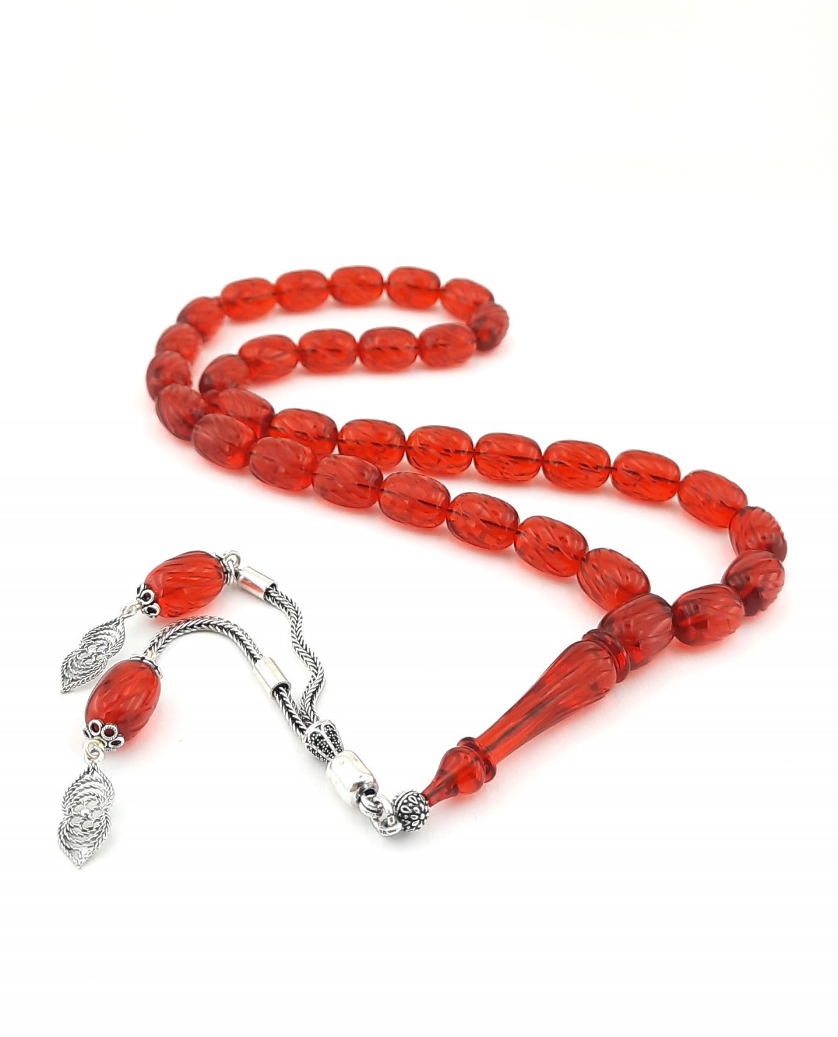 925 Ayar Gümüş Püsküllü Kapsül Kesim Kalem İşçilikli Kırmızı Sıkma Kehribar Tespih 925 Ayar Gümüş Püsküllü Kapsül Kesim Kalem İşçilikli Kırmızı Sıkma Kehribar Tespih