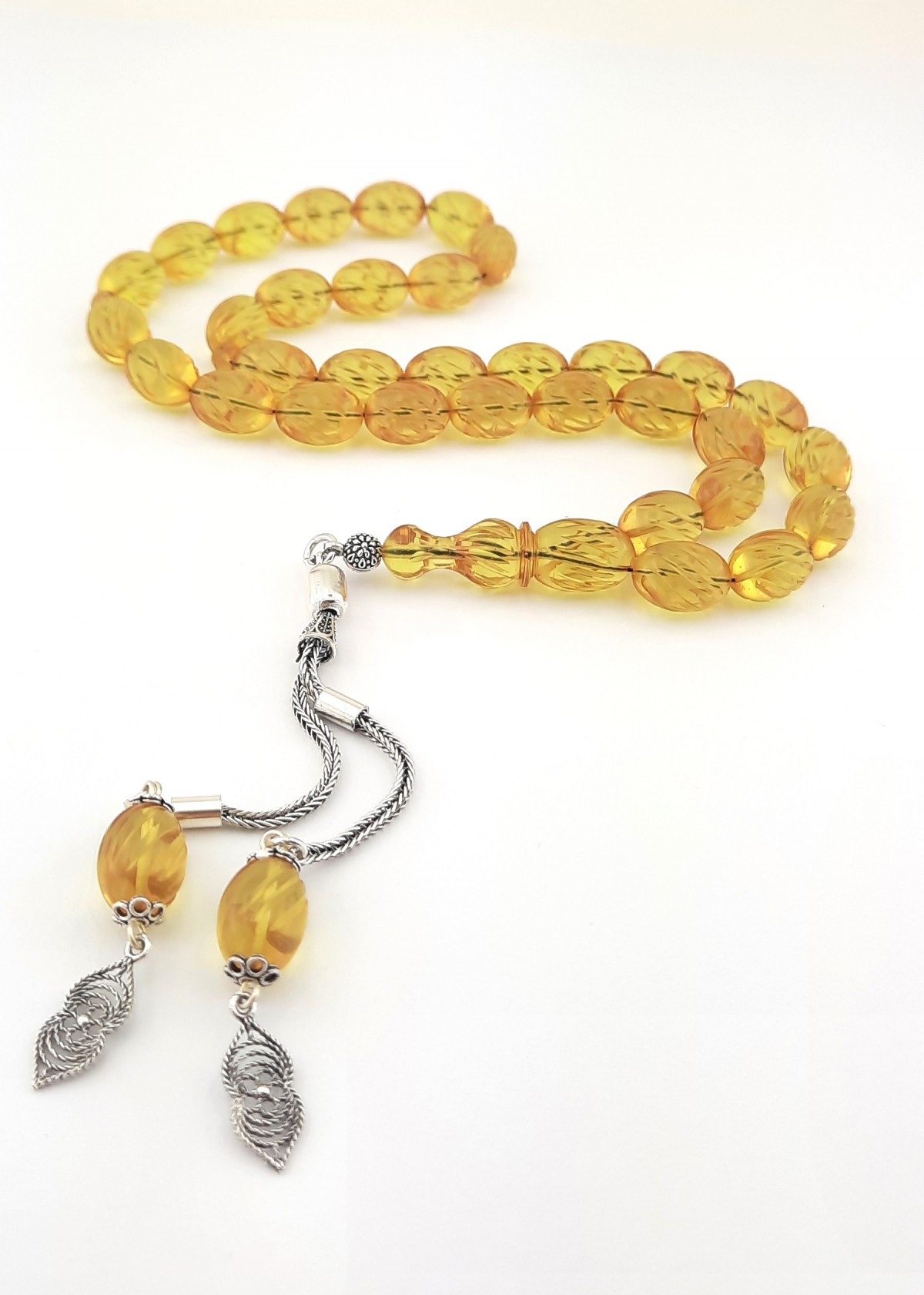 925 Ayar Gümüş Püsküllü Kapsül Kesim Kalem İşçilikli Sarı Sıkma Kehribar Tespih 925 Ayar Gümüş Püsküllü Kapsül Kesim Kalem İşçilikli Sarı Sıkma Kehribar Tespih