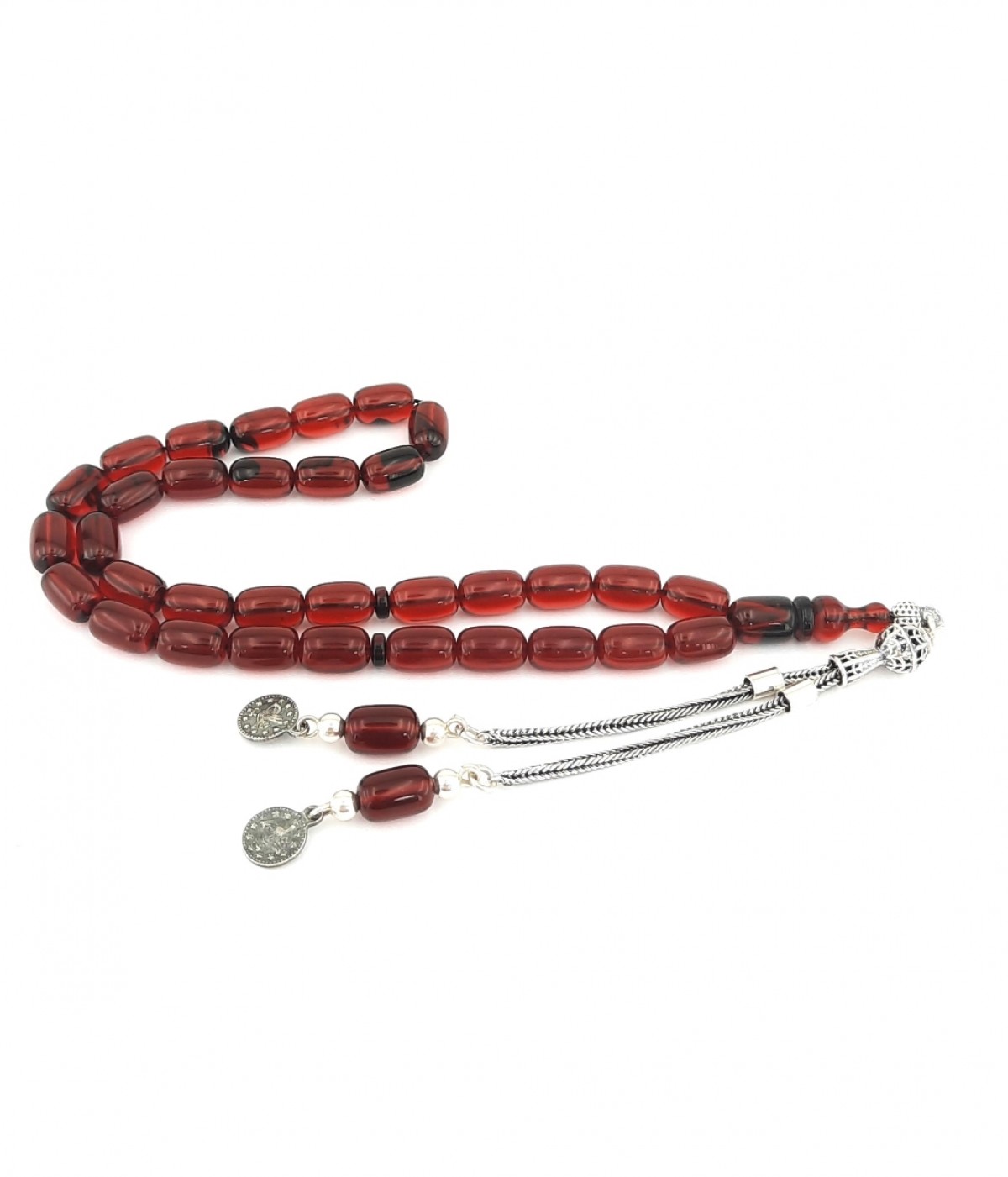 925 Ayar Gümüş Püsküllü Kapsül Kesim Koyu Kırmızı Sıkma Kehribar Tespih