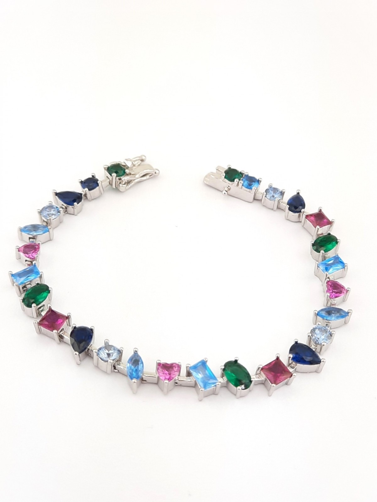 Aralıklı Farklı Kesim Renkli Taşlı Gümüş Bileklik Aralıklı Farklı Kesim Renkli Taşlı Gümüş Bileklik