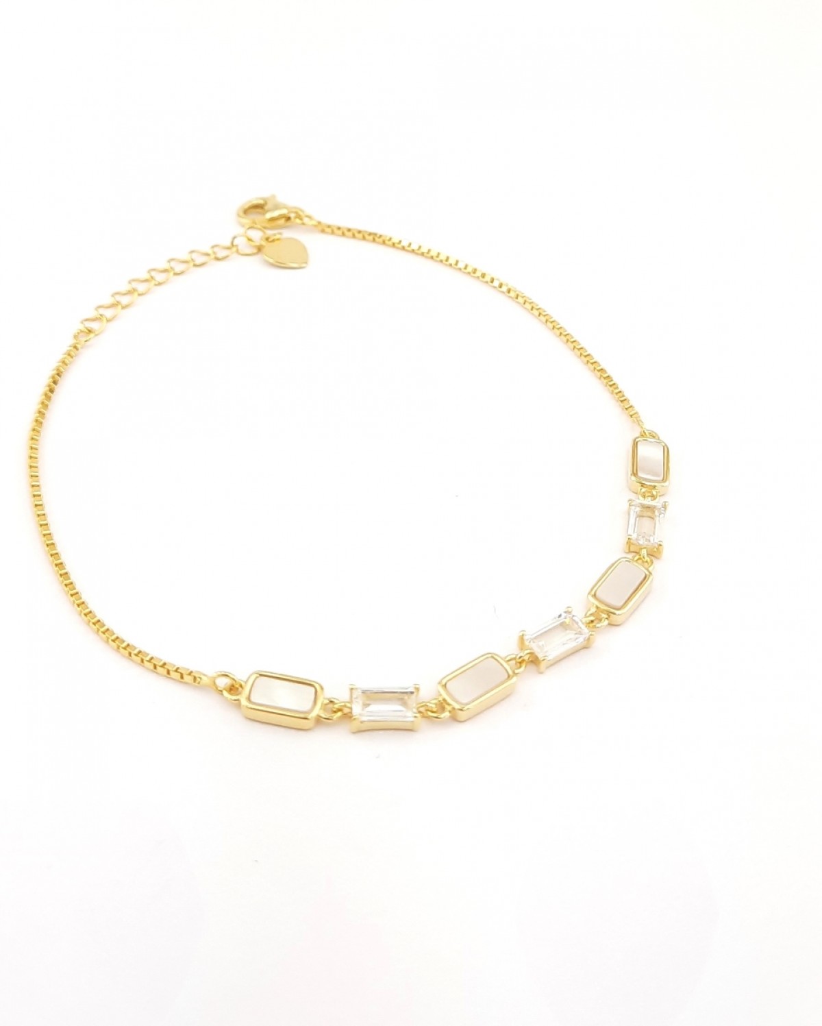 Küp Zincirli Baget Taşlı ve Sedefli Gold Gümüş Bileklik