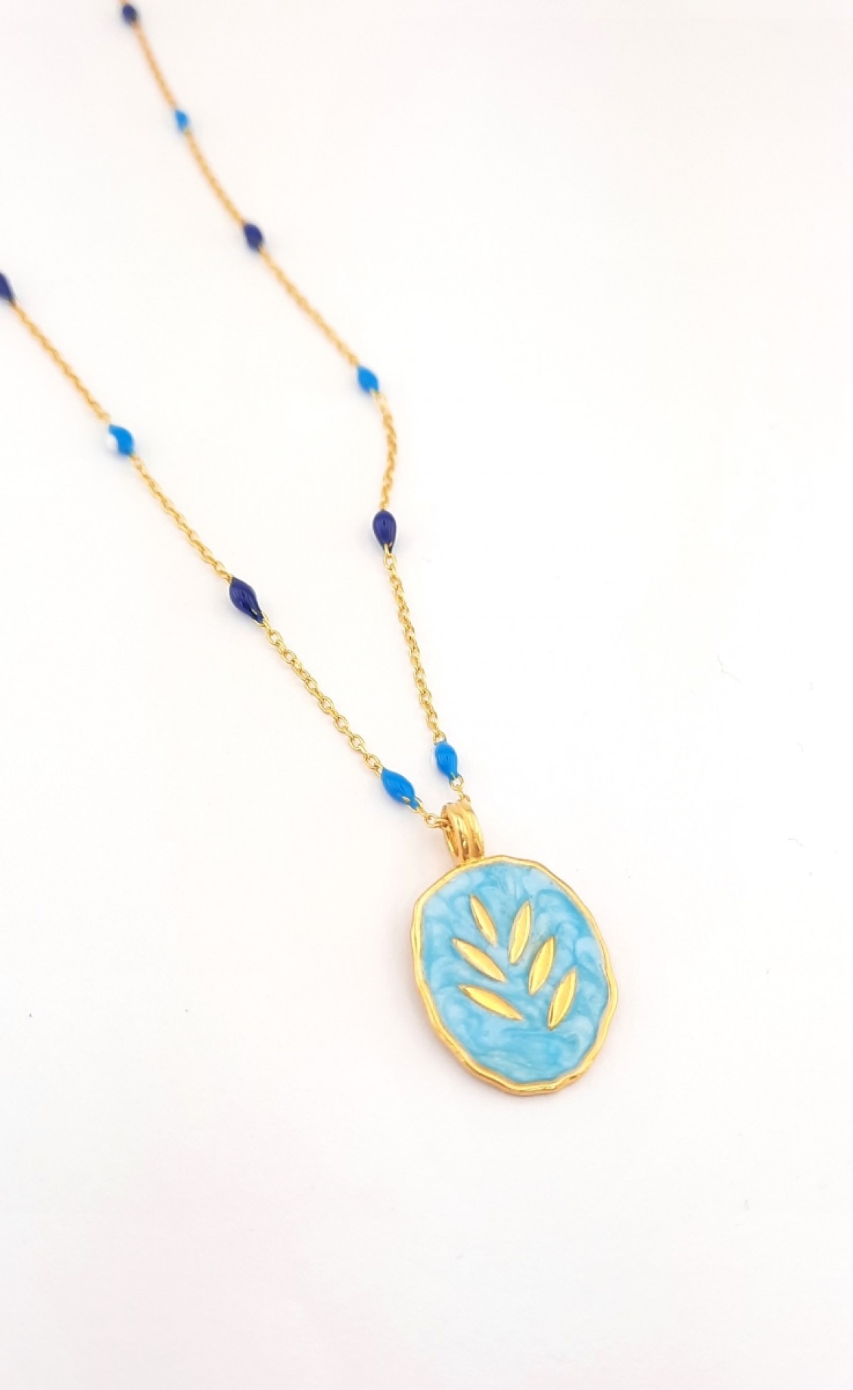 Lacivert-Mavi Mineli Zincirli Başak Desenli Gümüş Kolye Lacivert-Mavi Mineli Zincirli Başak Desenli Gümüş Kolye