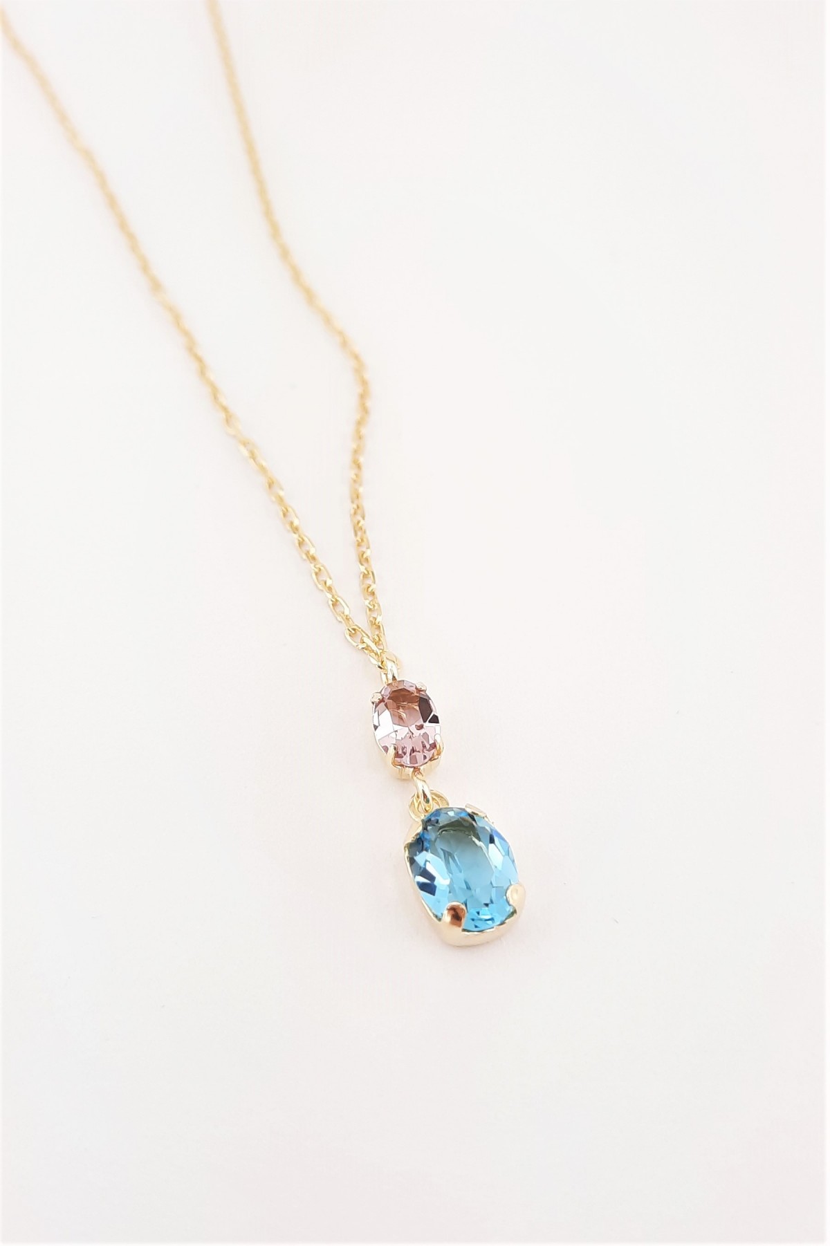 Mavi ve Gül Kurusu Renkli Minik Swarovski Taşlı Gold Gümüş Kolye