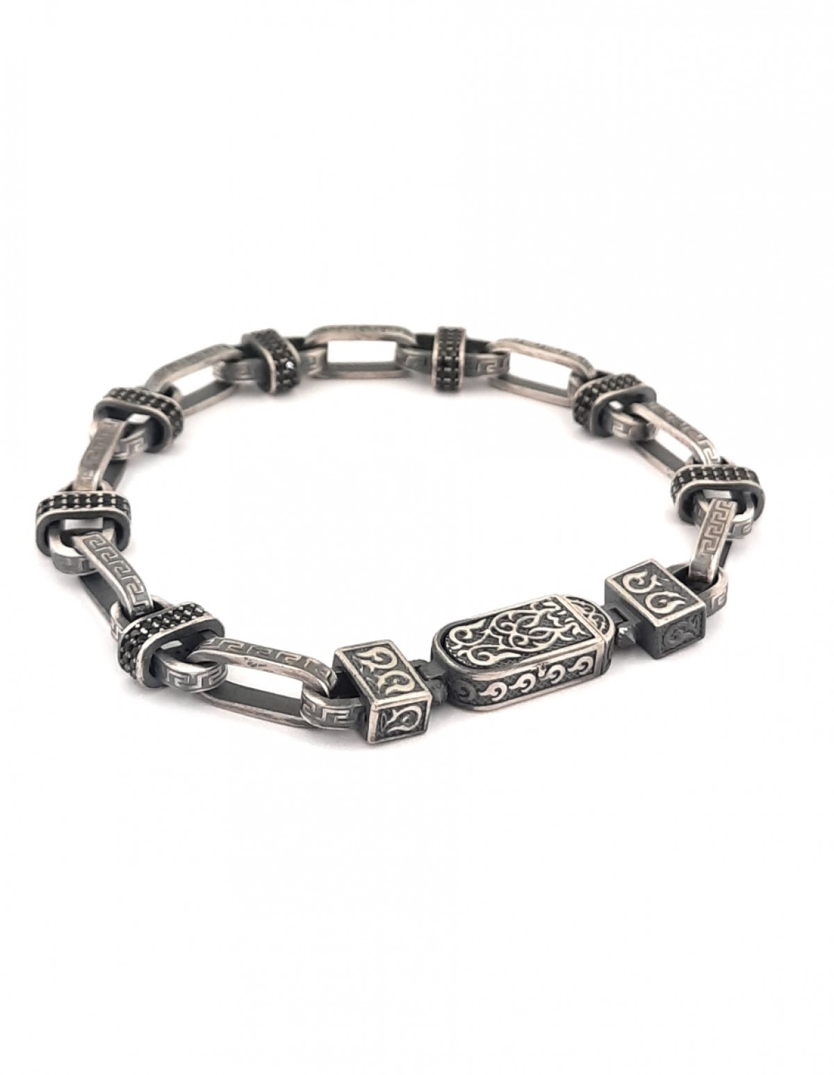 Minik Siyah Taşlı Desenli Gümüş Bileklik