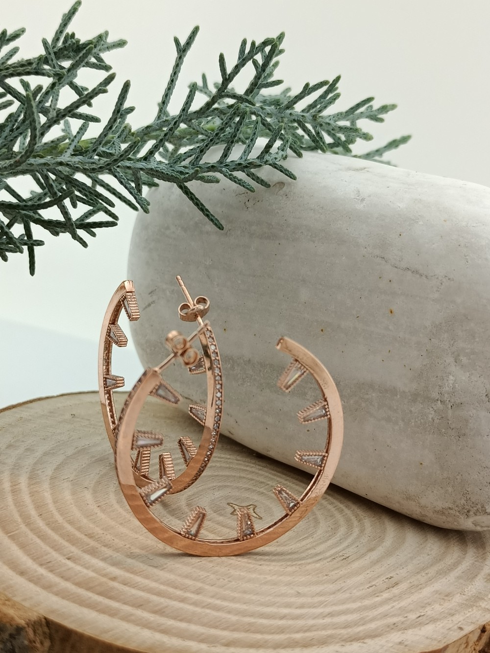 Rosegold Baget Taşlı Büyük Boy Halka Gümüş Küpe