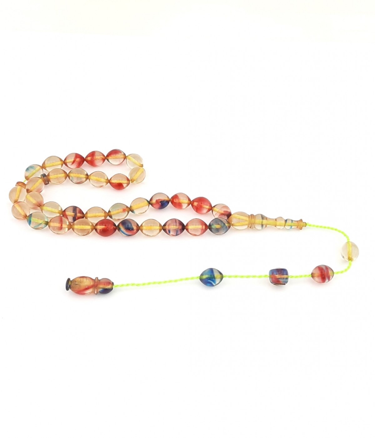 Sistemli Püsküllü Arpa Kesim Çok Renkli Hareli Sıkma Kehribar Tespih