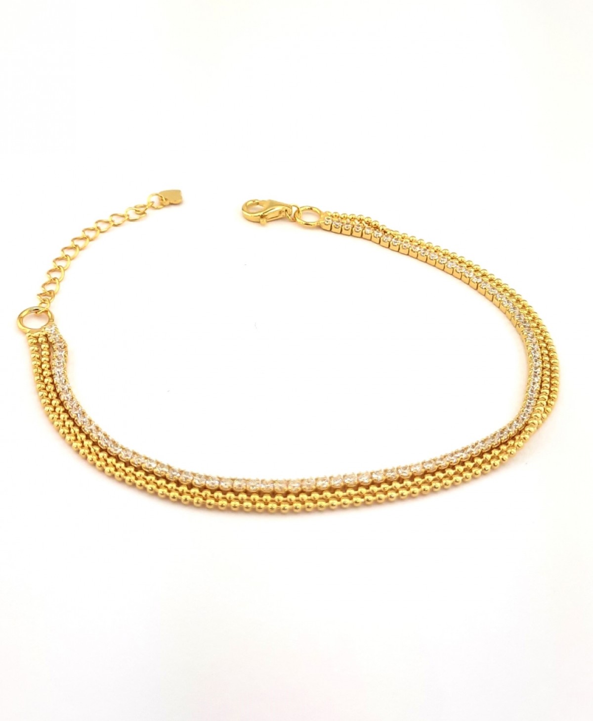 Üç Zincirli Tek Sırası Taşlı Gold Gümüş Bileklik