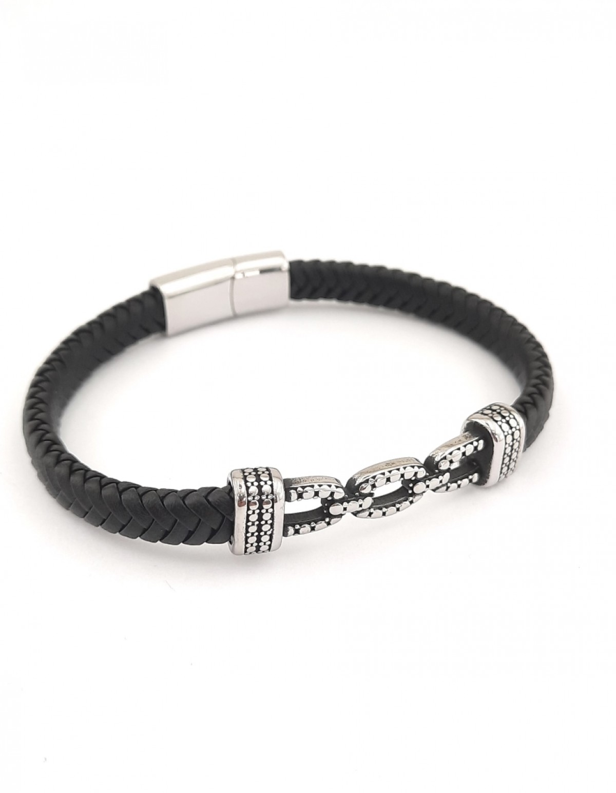 Zincir Model Künyeli Siyah Örgü Deri Bileklik Zincir Model Künyeli Siyah Örgü Deri Bileklik