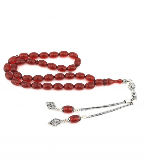 925 Ayar Gümüş Püsküllü Arpa Kesim Kırmızı Ateş Kehribar Tespih