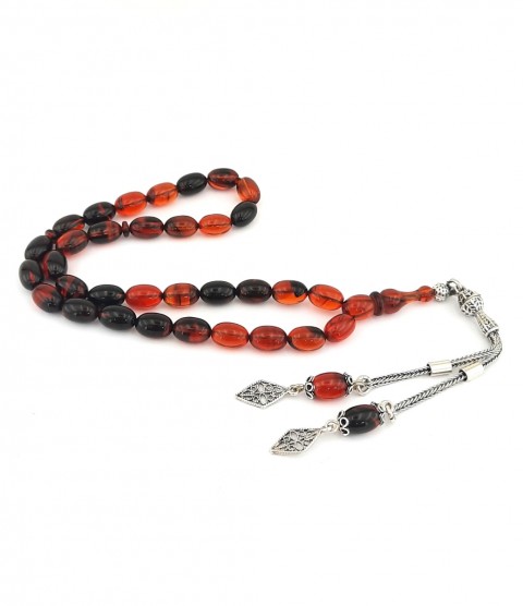 925 Ayar Gümüş Püsküllü Arpa Kesim Kırmızı ve Siyah Hareli Sıkma Kehribar Tespih