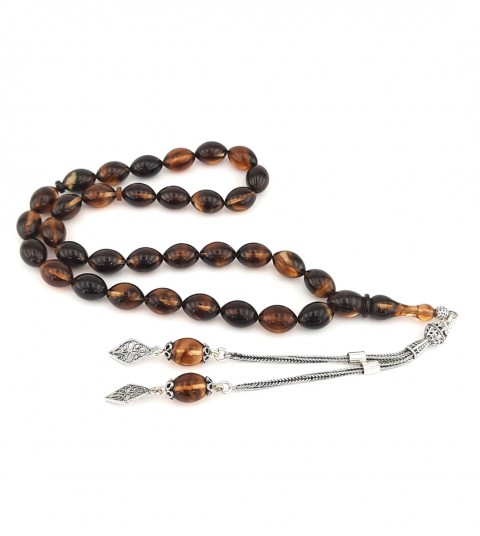 925 Ayar Gümüş Püsküllü Arpa Kesim Koyu Sarı ve Siyah Hareli Sıkma Kehribar Tespih