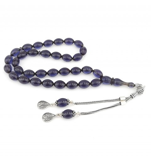 925 Ayar Gümüş Püsküllü Arpa Kesim Mor Sıkma Kehribar Tespih