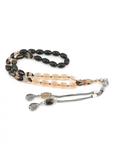 925 Ayar Gümüş Püsküllü Arpa Kesim Siyah ve Sarı Hareli Sıkma Kehribar Tespih