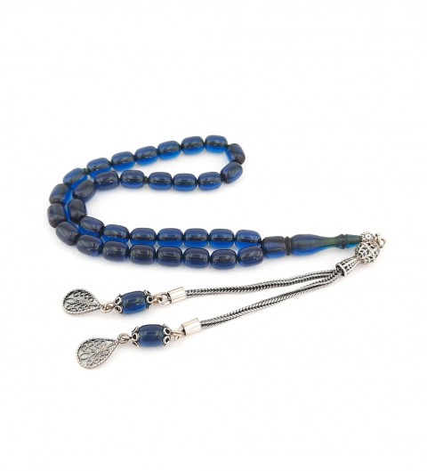 925 Ayar Gümüş Püsküllü Kapsül Kesim Lacivert Sıkma Kehribar Tespih