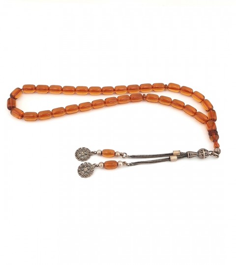 925 Ayar Gümüş Püsküllü Kapsül Kesim Turuncu Sıkma Kehribar Tespih