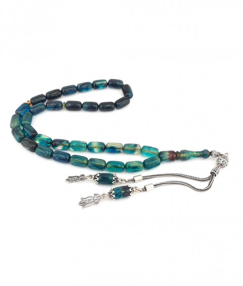 925 Ayar Gümüş Püsküllü Kapsül Kesim Yeşil ve Lacivert Hareli Sıkma Kehribar Tespih