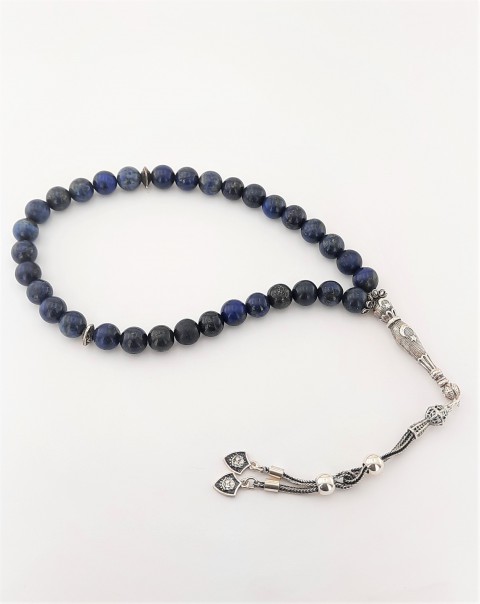 925 Ayar Gümüş Püsküllü Küre Kesim Lapis Lazuli Taşlı Tespih