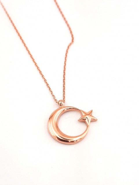 Ay - Yıldız Rosegold Gümüş Kolye