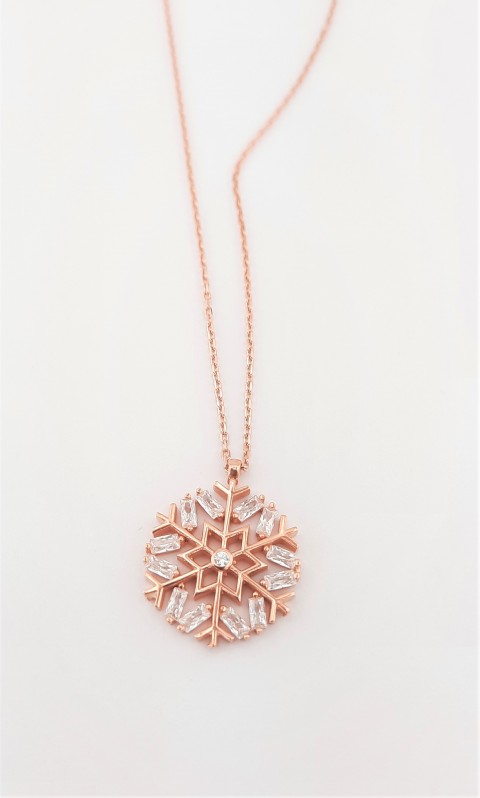 Baget Taşlı Işıltılı Kar Kristali Rosegold Gümüş Kolye