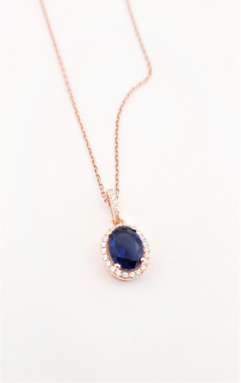 Çevresi Taşlı Oval Kesim Lacivert Taşlı Rosegold Gümüş Kolye