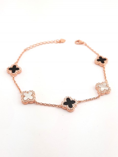 Çevresi Taşlı Sedef ve Onix Taşlı Beşli Yonca Model Rosegold Gümüş Bileklik