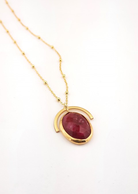 Oval Model Kök Yakut Taşlı Gümüş Kolye