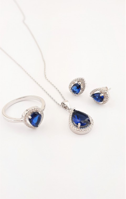 Damla Model Safir Renk Taşlı Gümüş Set