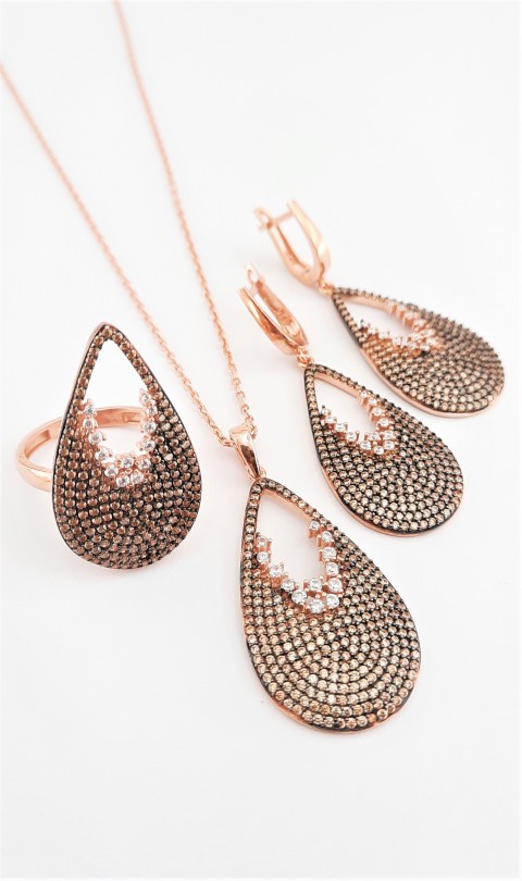 Damla Model Sarı ve Beyaz Taşlı Tasarım Gümüş Set