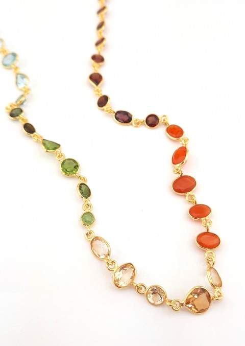Garnet-Akik-Sitrin-Peridot-Akuamarin-Kyanit Taşlı Gümüş Zincir Kolye