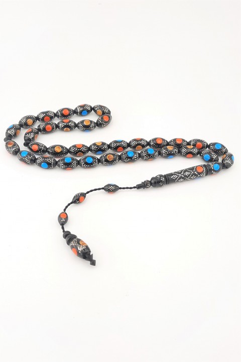 Gümüş Firuze Kehribar Mercan İşlemeli Arpa Kesim Koleksiyonluk Kuka Tespih