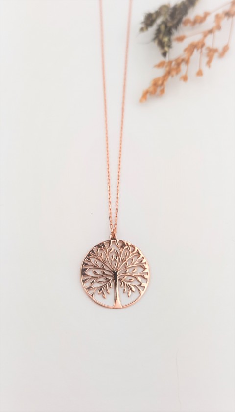 Hayat Ağacı Taşsız Rosegold Gümüş Kolye