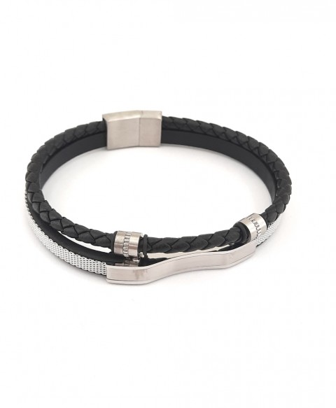 Hasırlı Künyeli ve Siyah Örgü Deri Bileklik