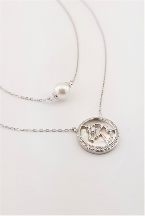 İnci Uçlu ve Sedefli Unicorn Uçlu İki Zincirli Gümüş Kolye