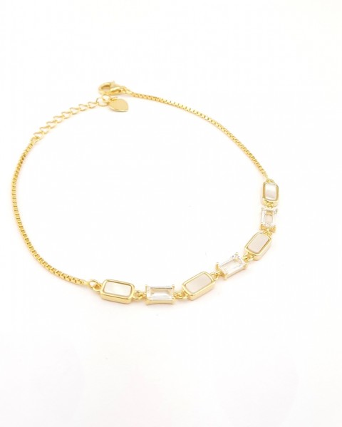 Küp Zincirli Baget Taşlı ve Sedefli Gold Gümüş Bileklik