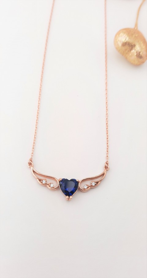 Lacivert Kuvars Taşlı Kanatlı Kalp Rosegold Gümüş Kolye