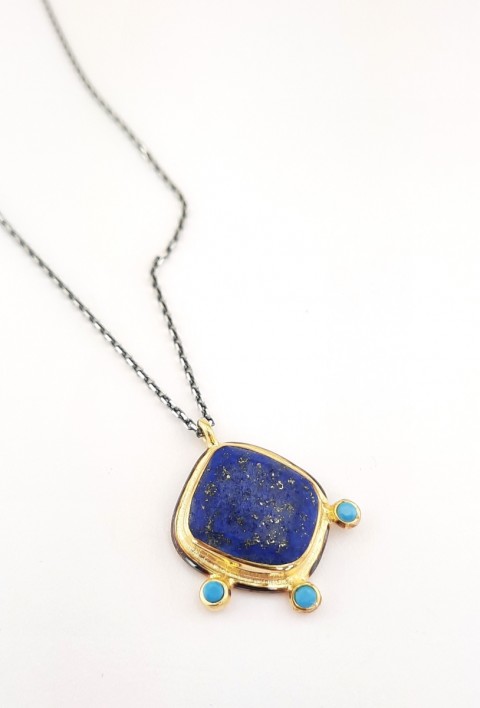 Lapis Lazuli Taşlı Oksitli Zincirli Gümüş Kolye