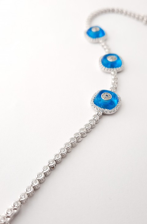 Mavi Cam Boncuklu Üçlü Kare Model Gümüş Bileklik