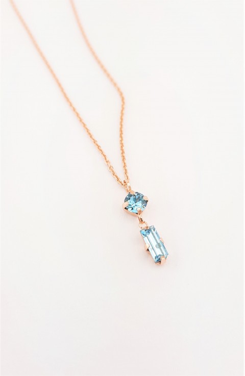 Mavi Renkli Baget Kesim Minik Swarovski Taşlı Gümüş Kolye