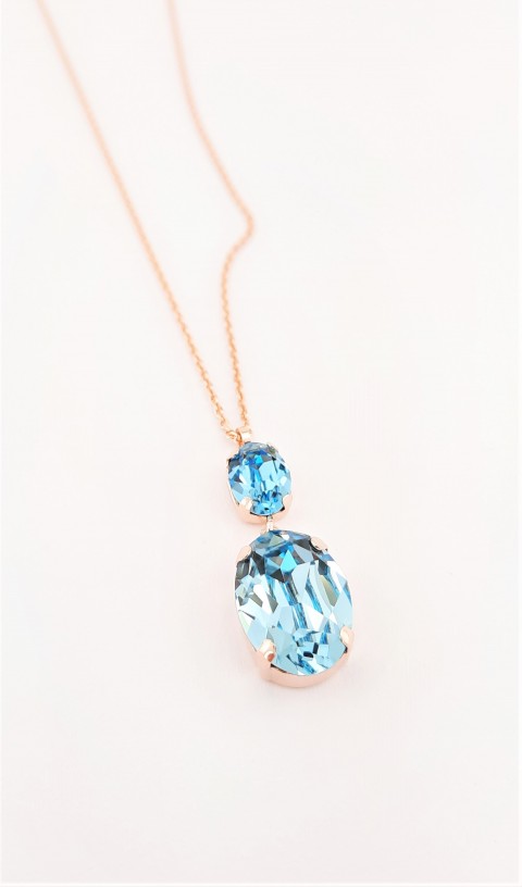 Mavi Renkli Oval Kesim İkili Swarovski Taşlı Gümüş Kolye