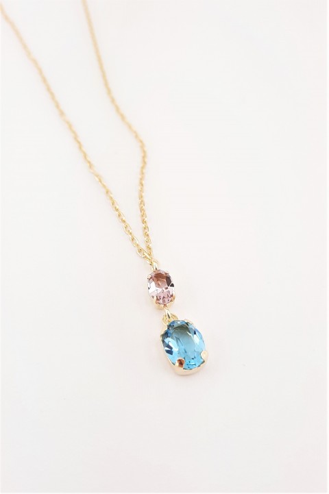 Mavi ve Gül Kurusu Renkli Minik Swarovski Taşlı Gold Gümüş Kolye
