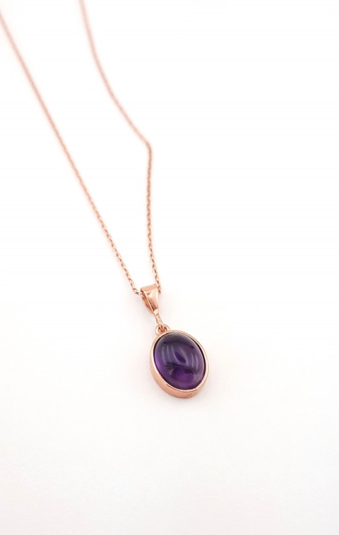 Minik Oval Kesim Ametist Taşlı Gümüş Kolye