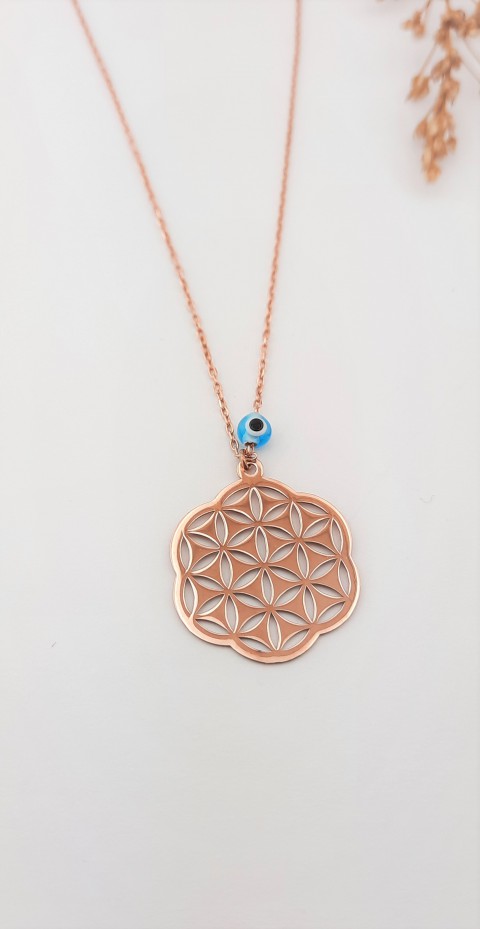 Nazar Boncuklu Yaşam Çiçeği Rosegold Gümüş Kolye