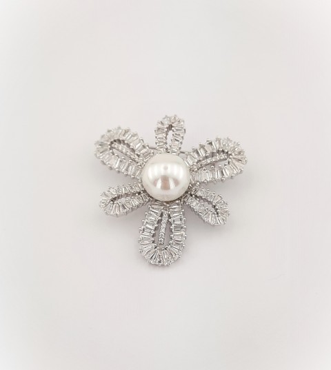 Ortası İncili Baget Taşlı Çiçek Model Gümüş Broş