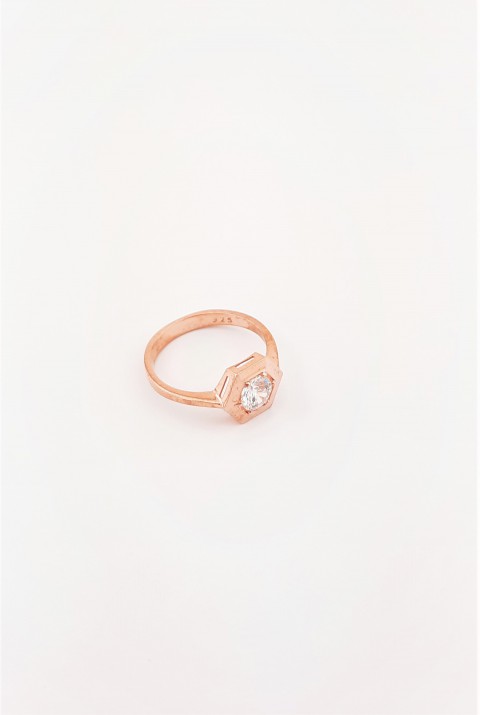 Ortası Taşlı Altıgen Model Rosegold Gümüş Yüzük