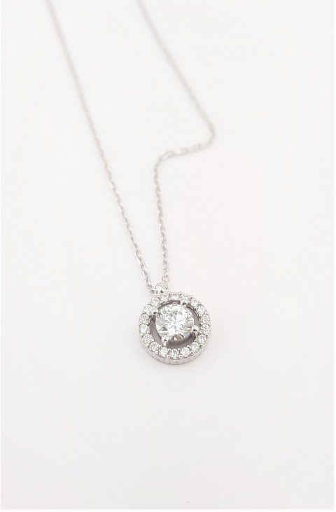 Ortası Tektaş Yuvarlak Model Swarovski Taşlı Gümüş Kolye